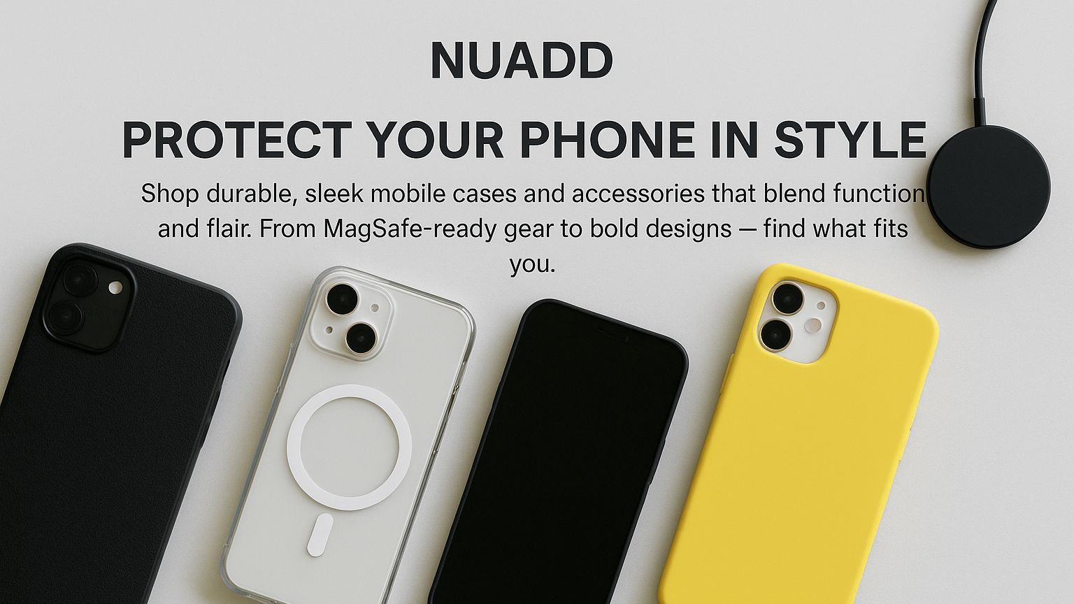 Phone cases in black, white, and yellow with a MagSafe ring on a light gray background.